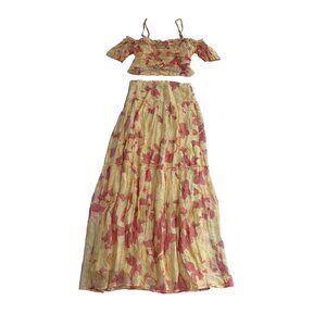Petal & Pup Yellow and Pink Floral Off-Shoulder Crop Top & Tiered Skirt Set